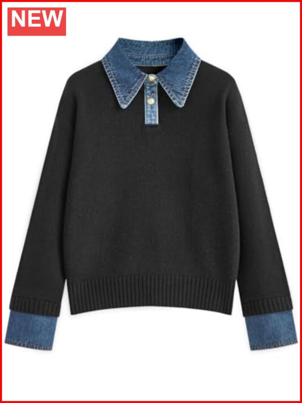 Oversized Knit Sweater Denim Polo Collared V-Neck Pullover